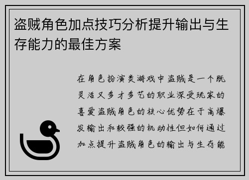 盗贼角色加点技巧分析提升输出与生存能力的最佳方案